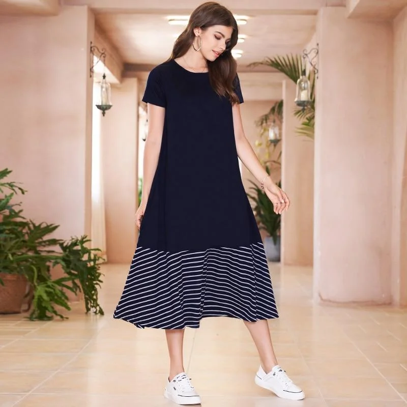 FashionSierra - Blue Striped Hem Stitching Straight Long Short Sleeve O-neck College Style Loose Midi Dress Fashionable Shift Midi Dress