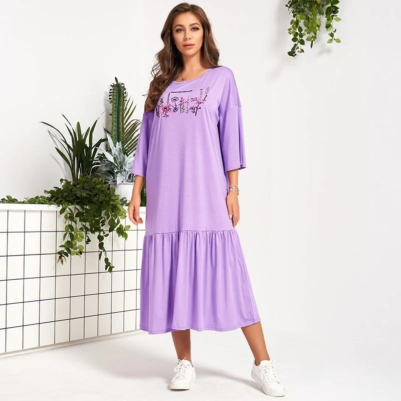 FashionSierra - Summer Dress Women Purple Loose Casual Hand Drawn Floral Letter Print 3/4 Sleeve Ruffle Hem Stitching Long Midi Dresses Fashionable Off-Shoulder Dress Midi