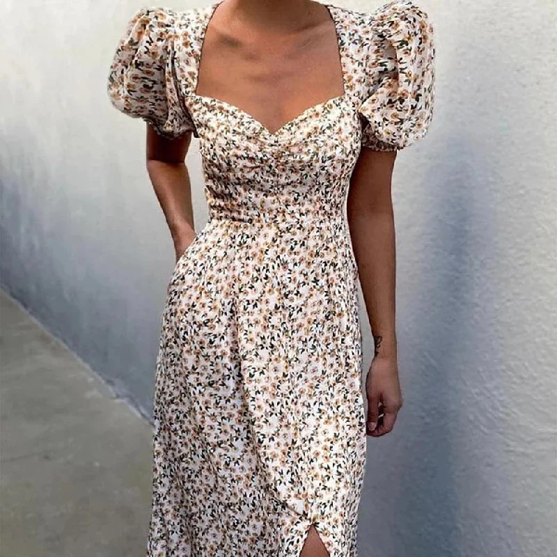 DressBetty - Women Elegant Floral Print Summer Dress V-neck Puff Sleeve Split Midi Dress Comfortable Floral Print Midi Dress