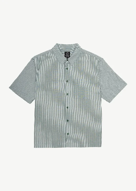 AFENDS Mens Intergalactic - Short Sleeve Shirt - Emerald Stripe Trendy Button-Front Short Sleeve