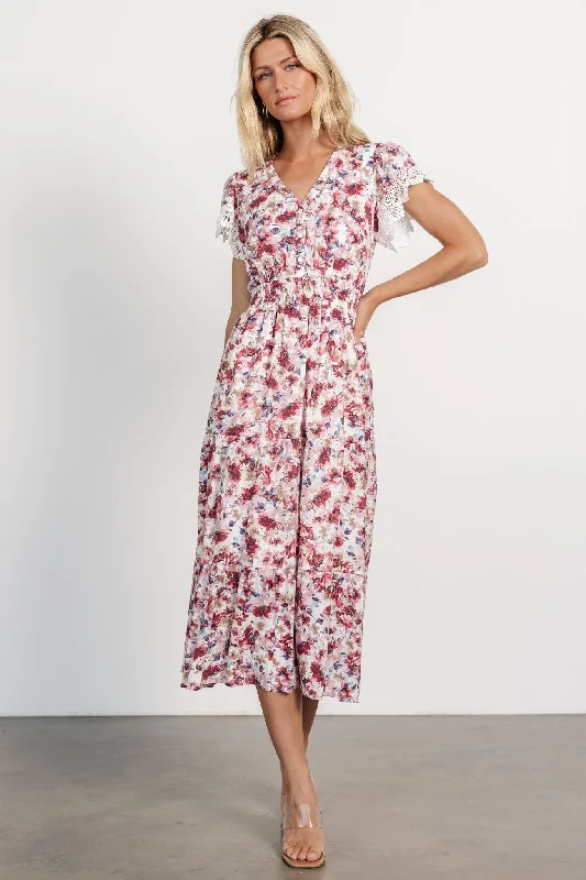 Aliyah Midi Dress | Berry Floral Comfortable Ruched Midi Dress