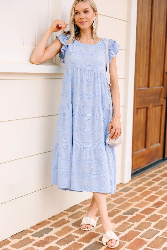 All You Periwinkle Blue Textured Midi Dress Trendy Off-Shoulder Ruffle Midi Dress