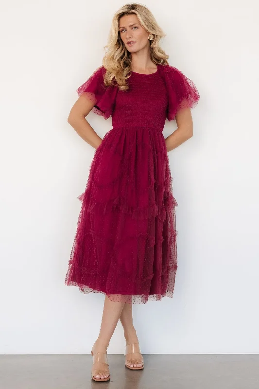 Ambrose Dotted Tulle Midi Dress | Burgundy Comfortable Button Front Midi Dress