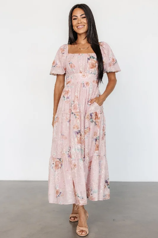 Annabeth Midi Dress | Blush Floral Trendy Ruched Side Midi Dress