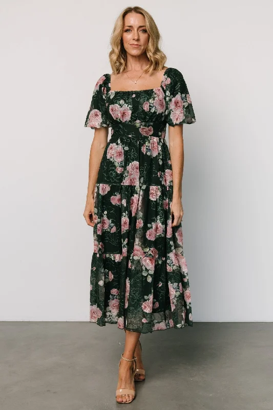 Annabeth Midi Dress | Dark Green + Pink Comfortable Stretch Midi Dress