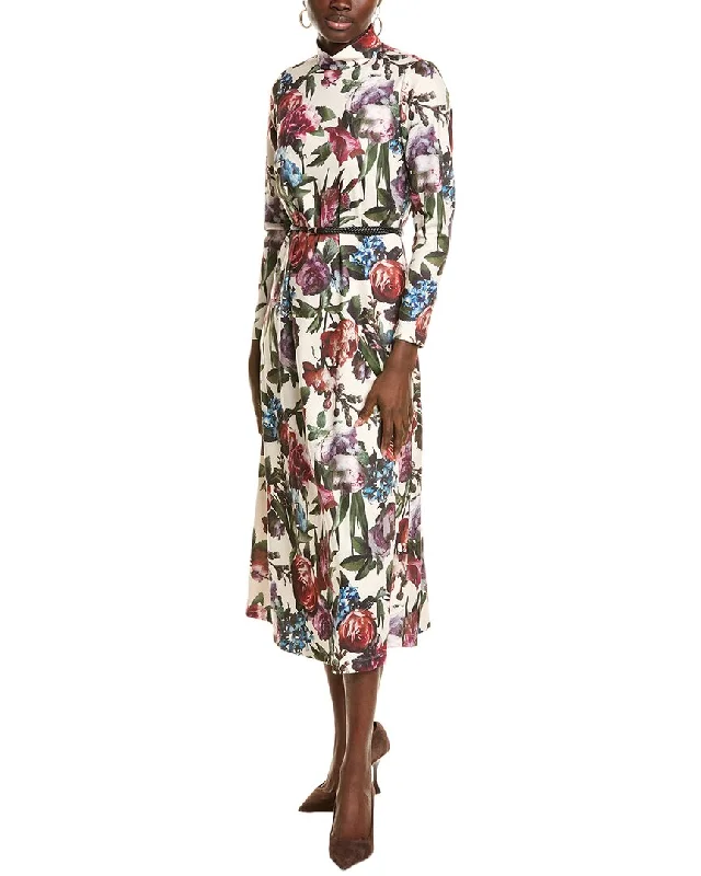 Anne Klein Mock Neck Printed Midi Dress Elegant Puff Sleeve Midi Dress