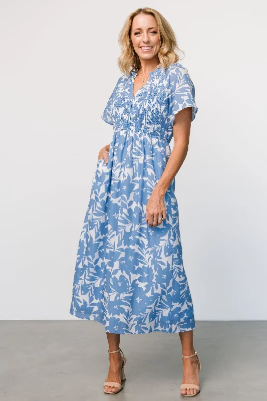 Annise Midi Dress | Blue Floral Trendy Square Neck Midi Dress