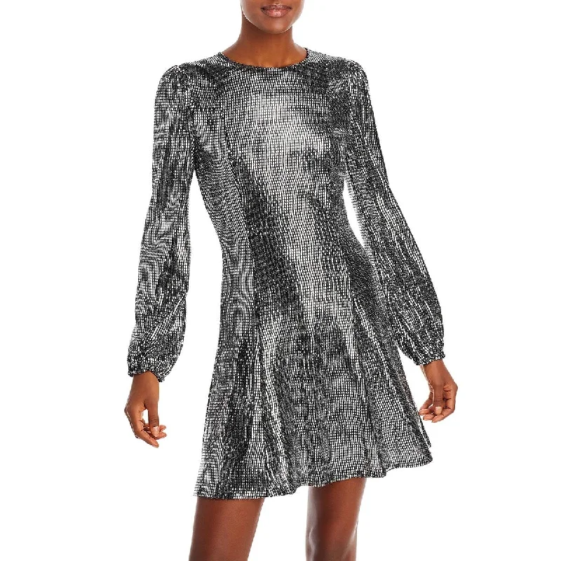 Aqua Womens Metallic Crew Neck Mini Dress Classic Shift Mini Dress