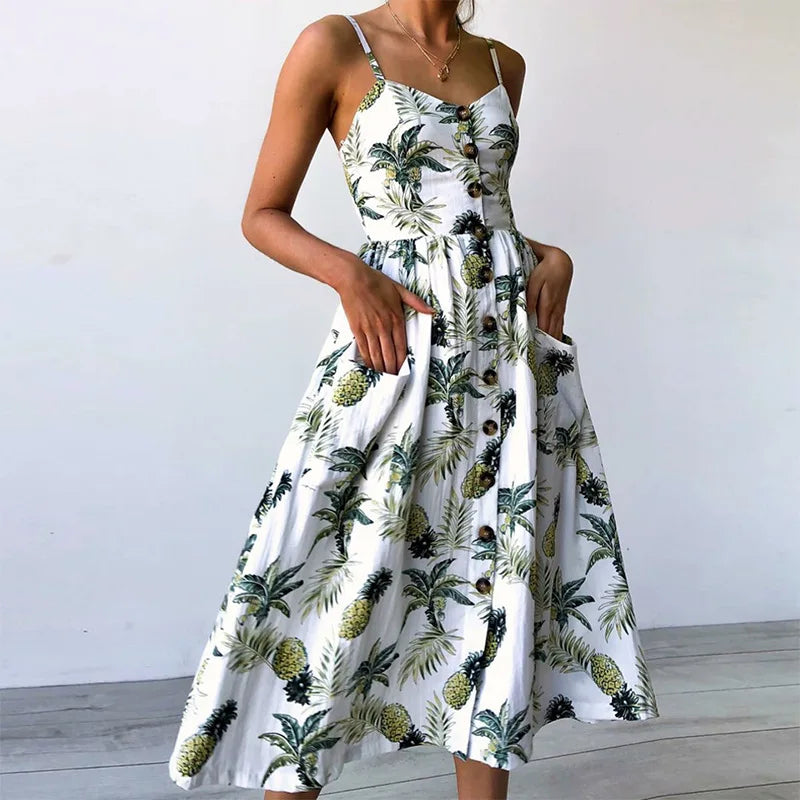 Beach Printing Suspenders Robe V-Neck Seeveless Women's Vestiti Donna Midi Dresses Chic Off-Shoulder Midi Dress