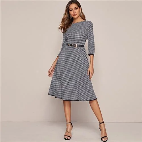 FashionSierra - Black And White Houndstooth Elegant Dress Without Belt Women Spring 3/4 Length Sleeve Ladies A Line Midi Dresses Cozy Spaghetti Strap Midi Dress