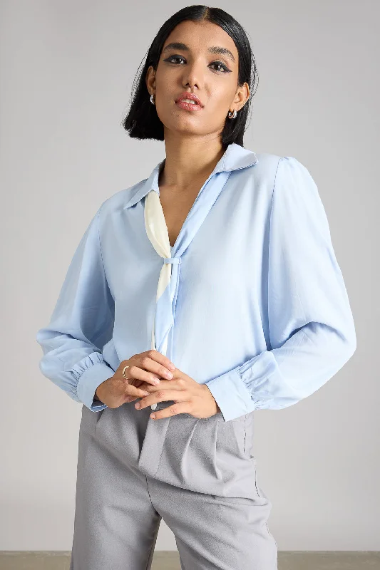 Blue Shirt With Ribbon Tie Elegant Button-Down Short Shirt