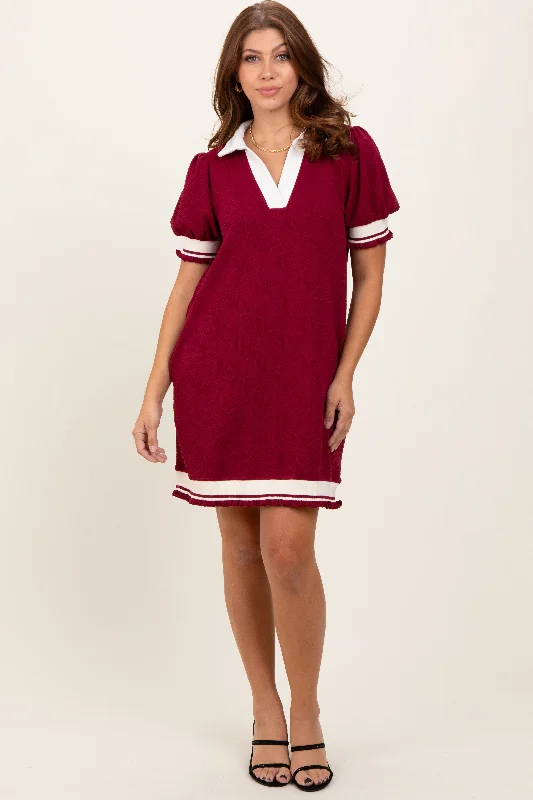 Burgundy Knit Contrast Trim Collared Mini Dress Fashionable Lace Mini Dress