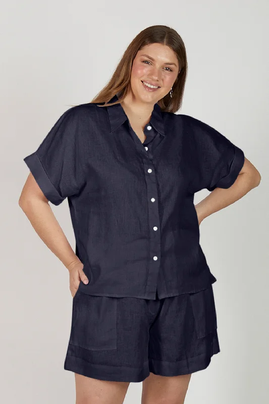 Carmen Linen Shirt in Navy Comfortable Peplum Short Shirt