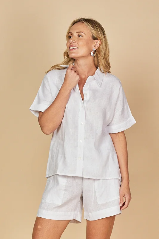 Carmen Linen Shirt in White Casual Plain Short Shirt