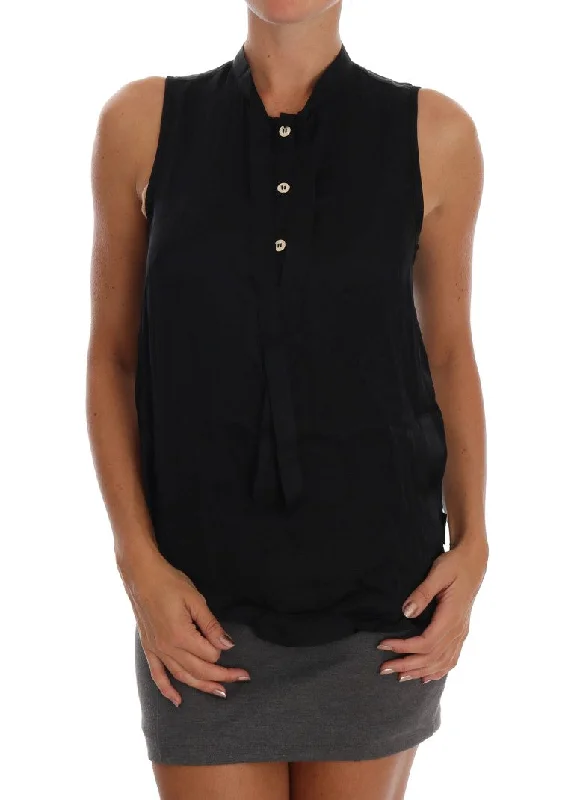 Chic Sleeveless Black Shirt Blouse Classic V-Neck Short Shirt