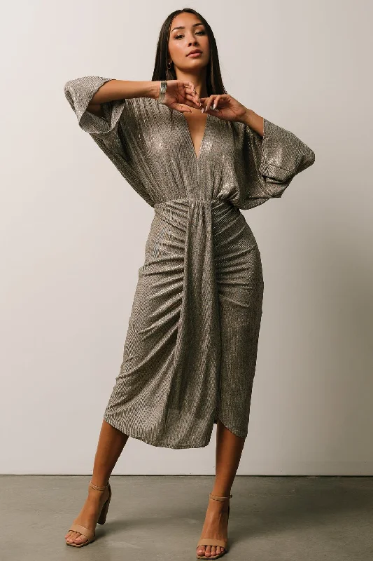 Ciara Ruched Midi Dress | Silver Metallic Trendy Knit Midi Dress