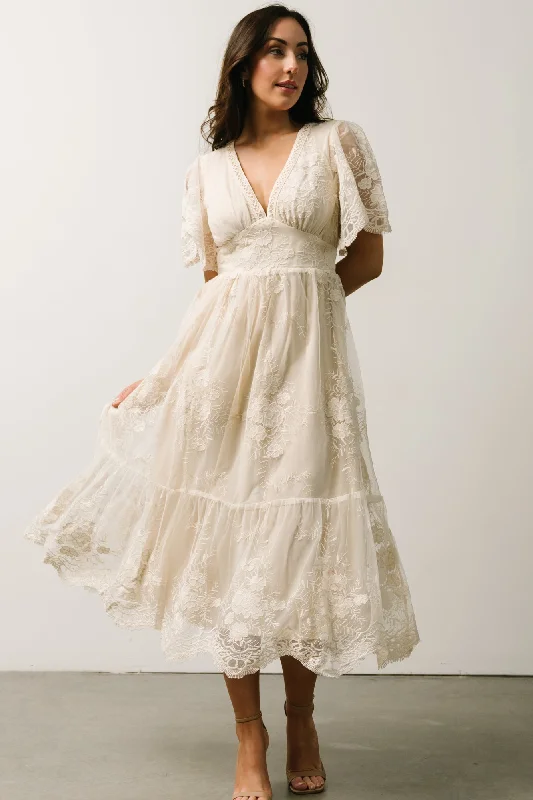 Clarisa Lace Midi Dress | Vintage Cream Elegant Pleated Sleeve Midi Dress