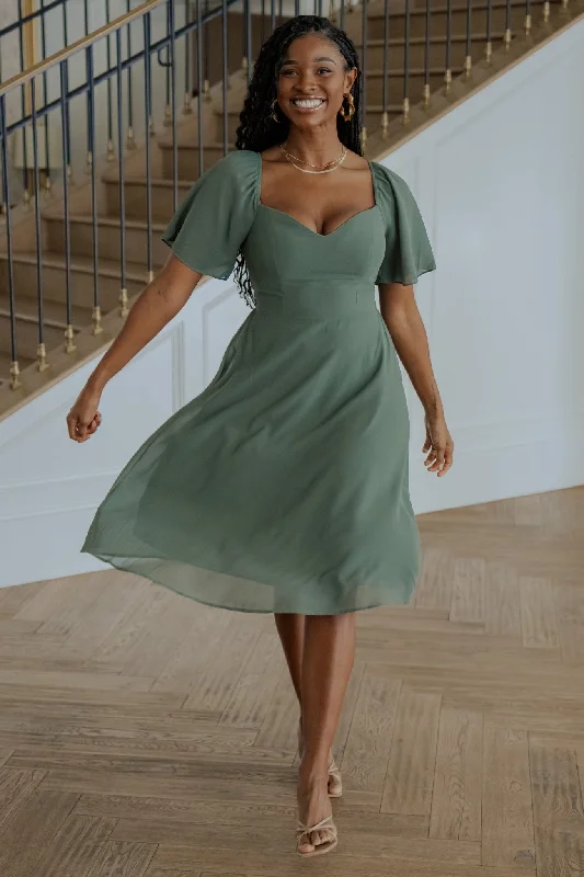 Colette Sweetheart Midi Dress | Dark Sage Trendy Flared Sleeve Midi Dress