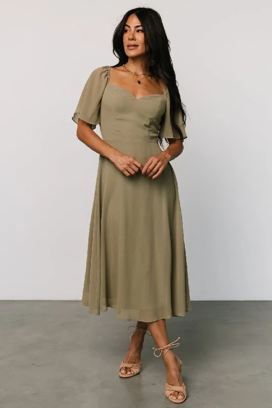 Colette Sweetheart Midi Dress | Dusty Olive Elegant Lace Trim Midi Dress