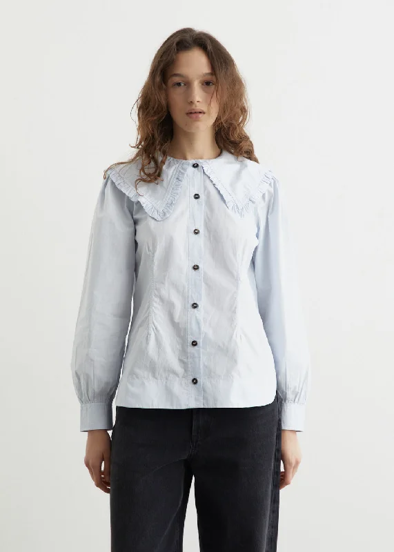 Cotton Poplin Frill Collar Shirt Comfortable Flowing Short Sleeve