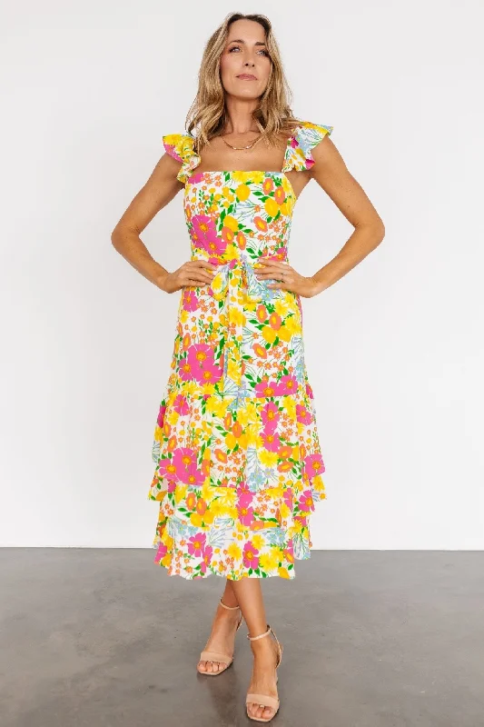 Dani Ruffle Tiered Midi Dress | Multi Floral Stylish Tiered Midi Dress