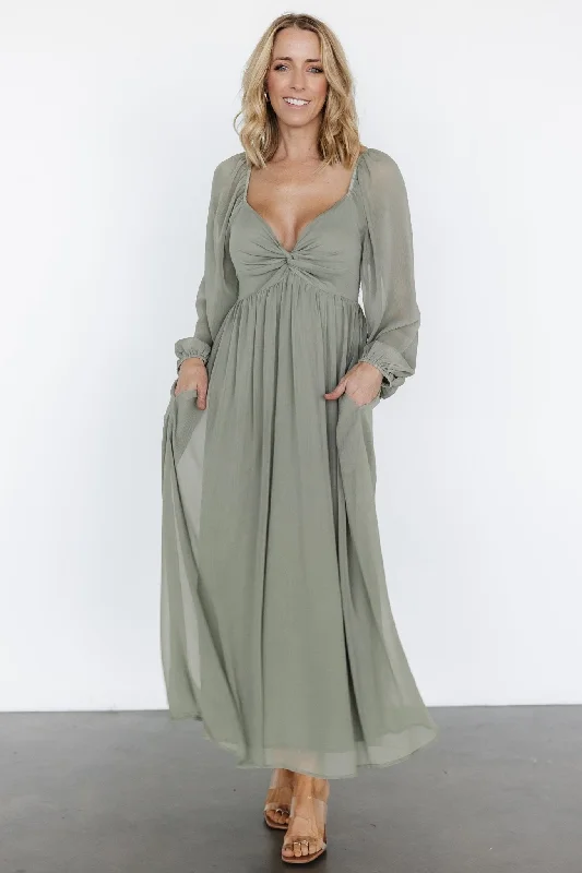 Dione Midi Dress | Dusty Olive Comfortable Deep V Midi Dress