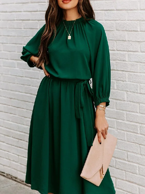 DressBetty - Elegant Office Dress Formal Loose Green Long Sleeve Belt A-Line Midi Dresses Fashionable High-Neck Midi Dress