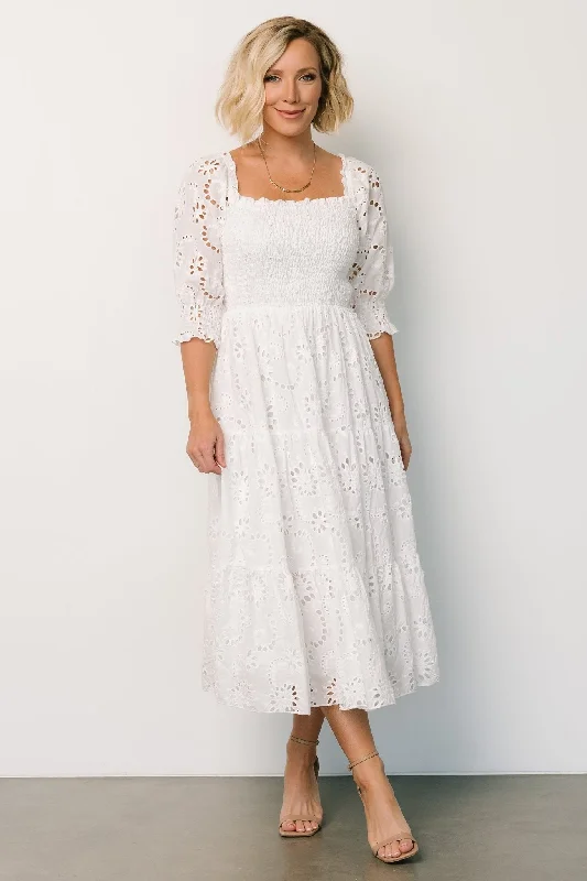 Ella Eyelet Midi Dress | White Fashionable Off-Shoulder Dress Midi