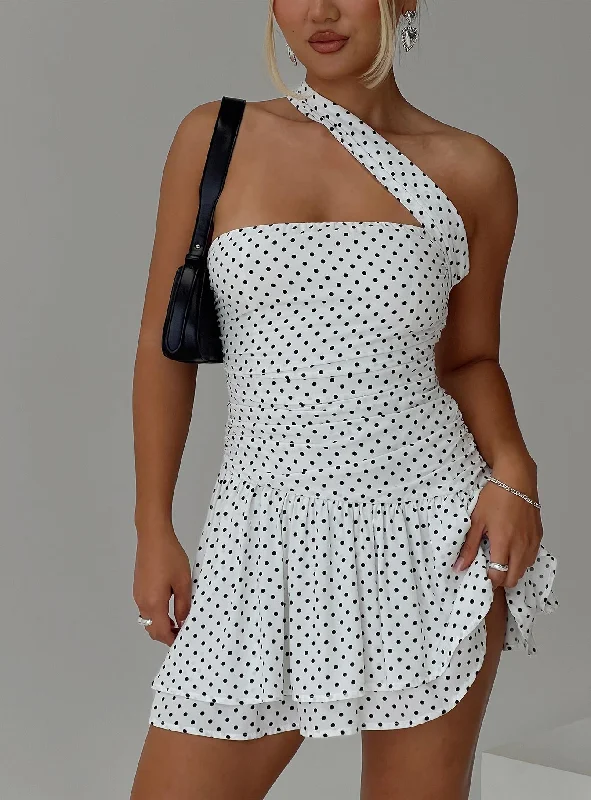 Escapades One Shoulder Mini Dress White / Black Polka Trendy A-Line Mini Dress