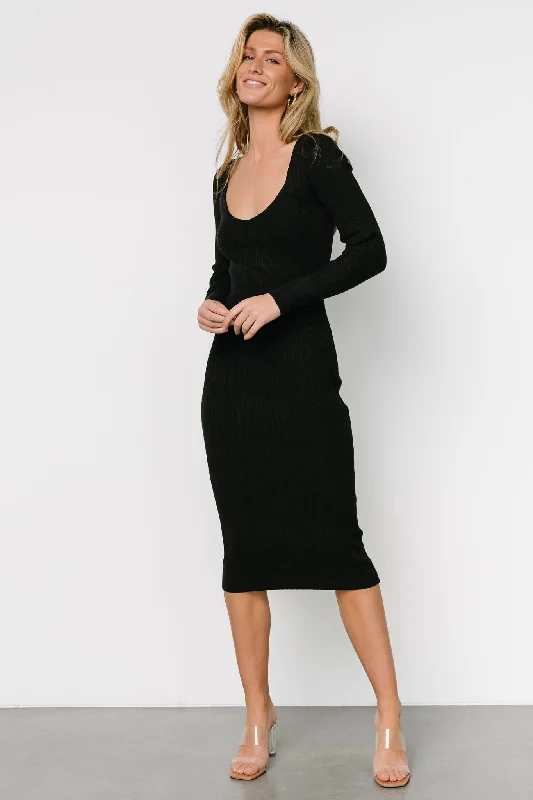 Eve Ribbed Midi Dress | Black Fashionable Plaid Midi Dress