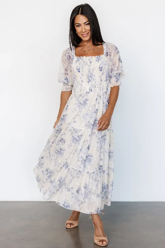 Fabian Jacquard Midi Dress | Cream + Blue Floral Fashionable Off-Shoulder Dress Midi