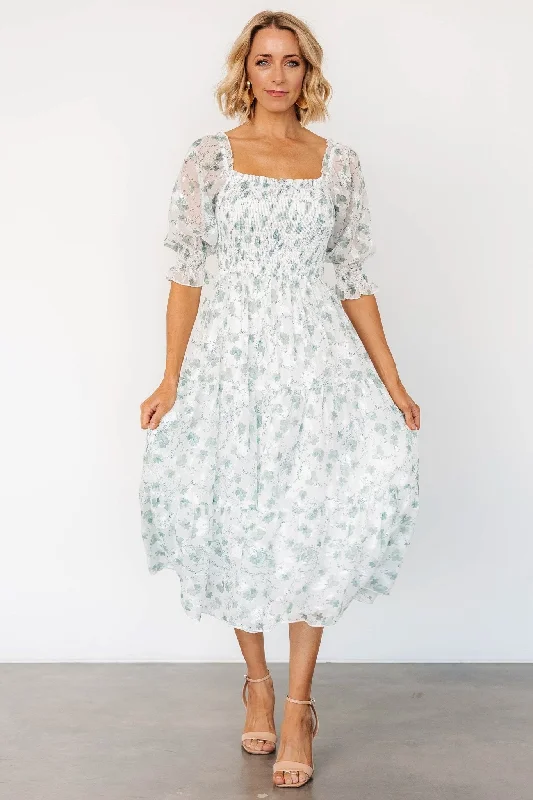 Fabian Jacquard Midi Dress | Off White + Sage Floral Comfortable Ribbed Midi Dress