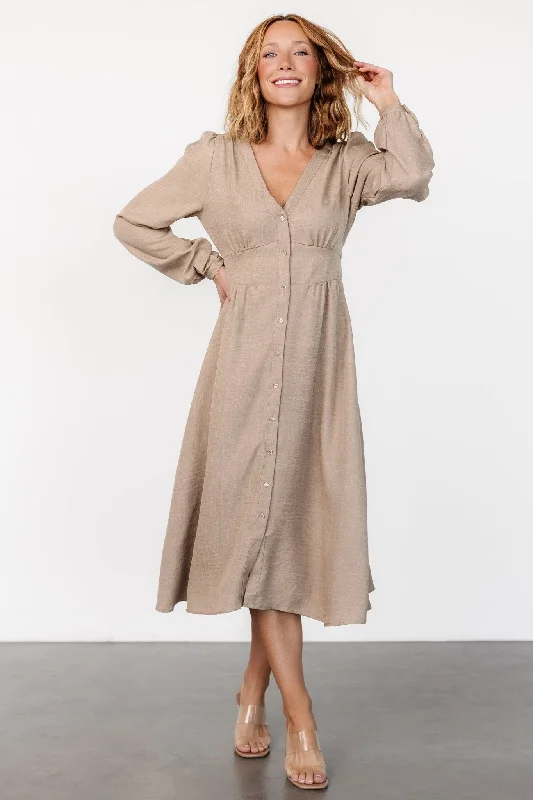 Faith Button Midi Dress | Taupe Trendy Shift Midi Dress