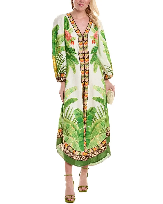 FARM Rio Fresh Forest Linen-Blend Midi Dress Comfortable Geometric Print Midi Dress