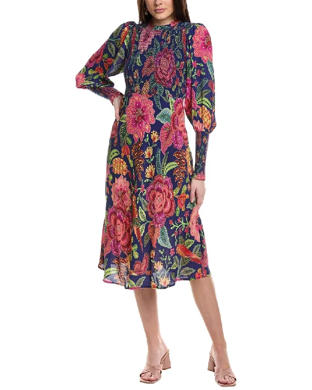 FARM Rio Macaw Bloom Smocking Midi Dress Comfortable Floral Print Midi Dress