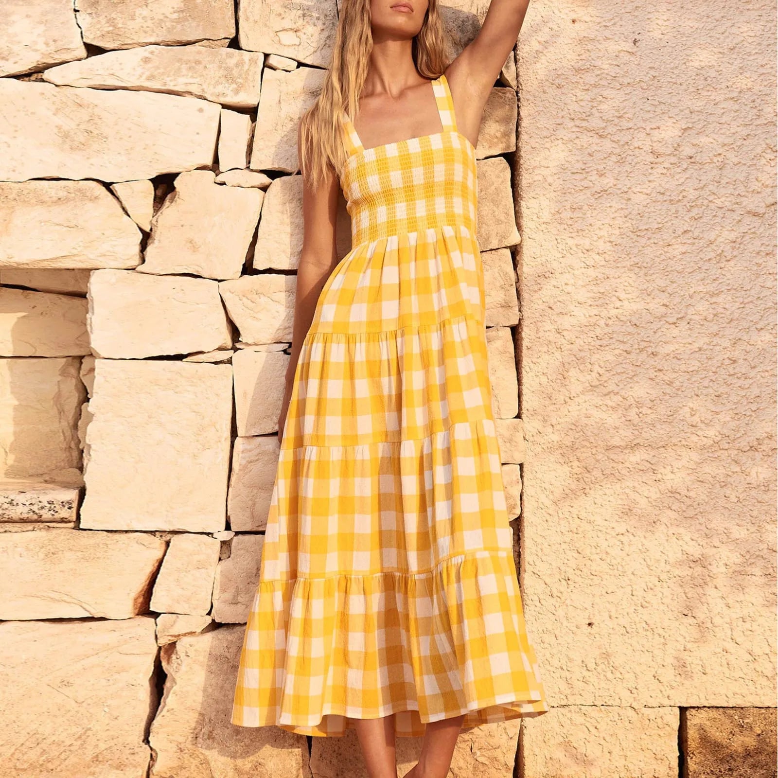 Fashionable Loose Strappy Plaid Vacation Beach Party Sleeveless Casual Tiered Midi Dress Comfortable Lace-Up Midi Dress