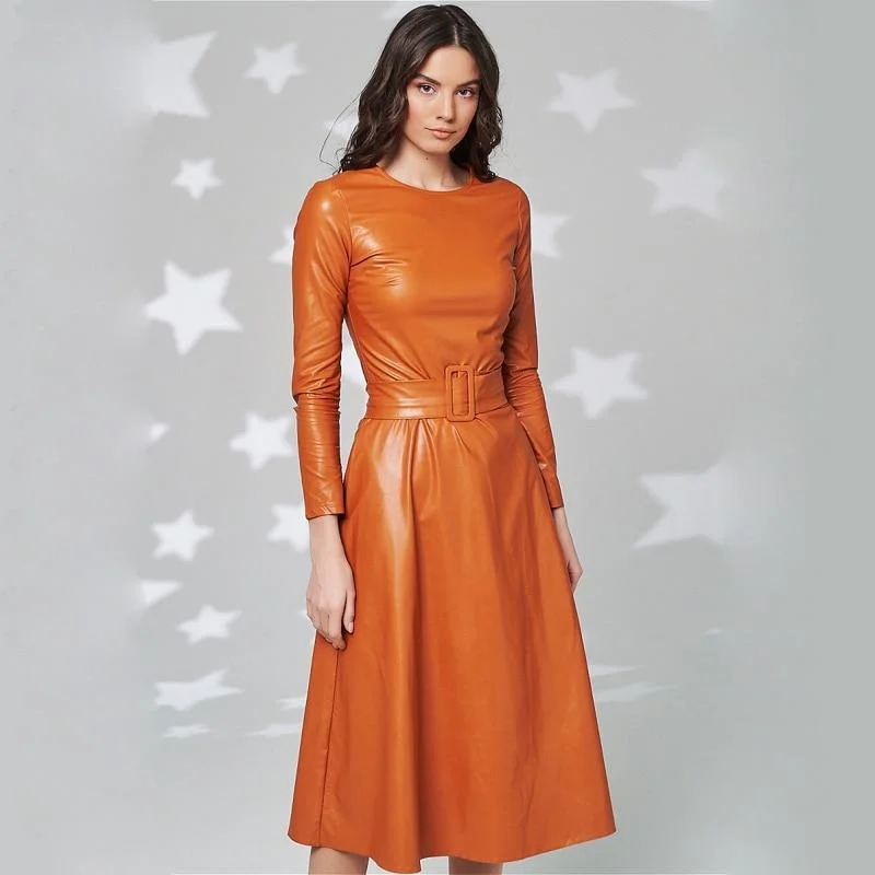 FashionSierra - Fit And Flare Winter Dress a Line Pockets Pu Leather Midi Dress Elegant Sleeveless Midi Dress