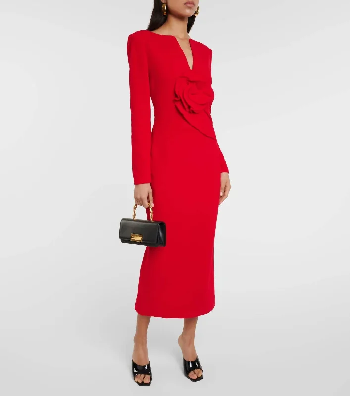 Floral Appliqué Wool Crepe Midi Dress In Red Comfortable Ribbed Midi Dress