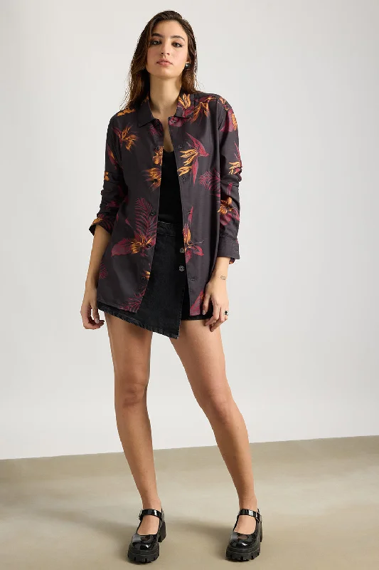 Full Sleeves Flamy Fern Printed Women's Shirt Elegant Draped Short Shirt