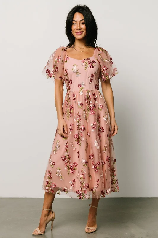 Gwyneth Tulle Midi Dress | Blush Floral Elegant V-Neck Midi Dress