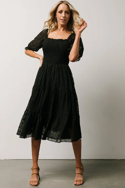 Hazel Eyelet Midi Dress | Black Comfortable Ruched Midi Dress