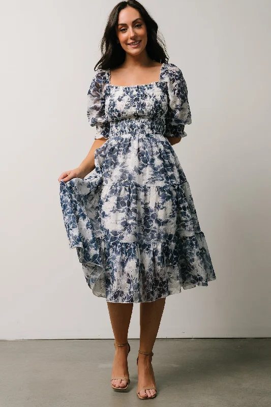 Hazel Eyelet Midi Dress | Navy Trendy Ruffle Hem Midi Dress