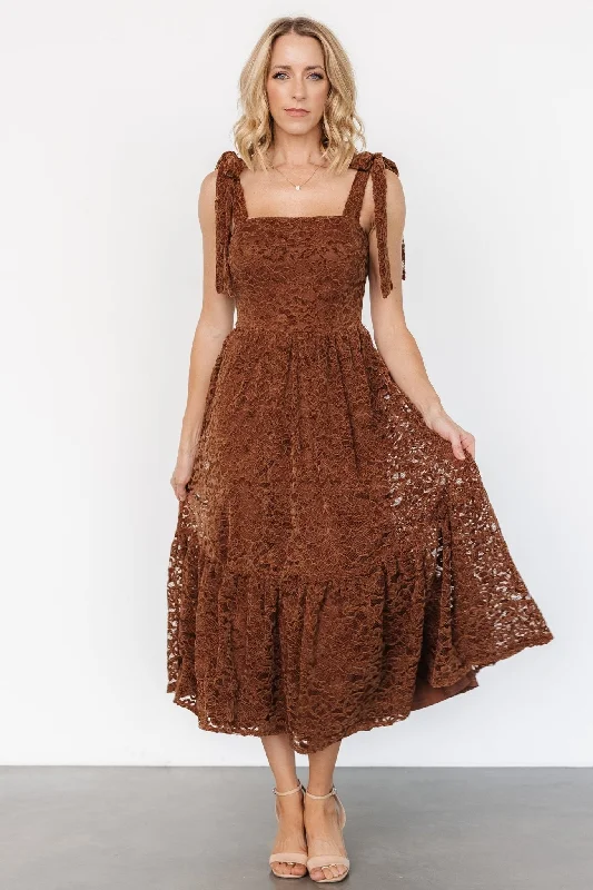 Hestia Lace Midi Dress | Brown Cozy Wide Strap Midi Dress