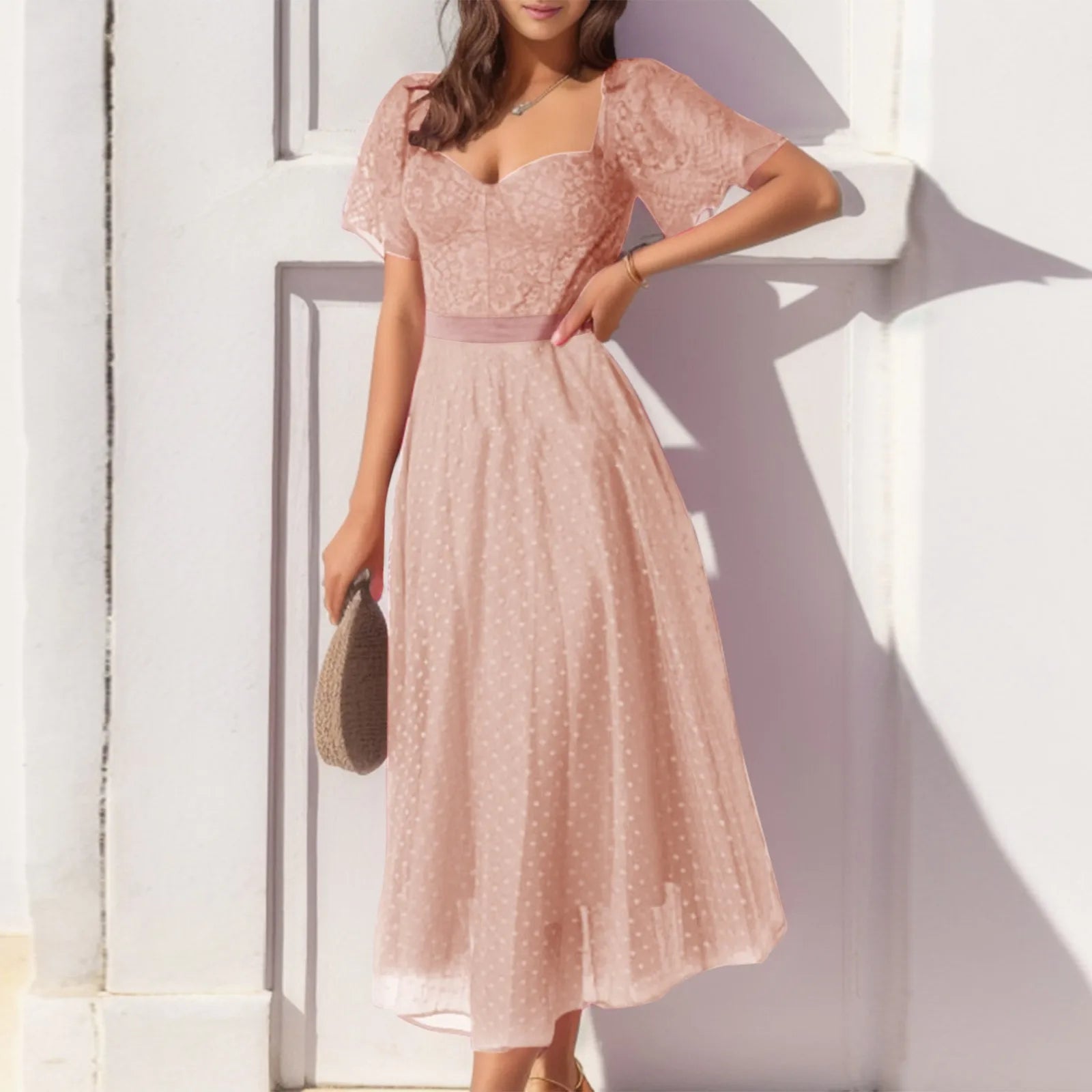 DressBetty - 2024 High Waist Vintage Square Collar Tulle Long Summer Midi Dress Trendy Knit Midi Dress