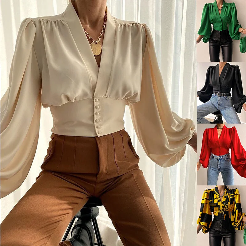 J&H 2023 hot sale S-5XL sexy v neck corset top women elegance puff sleeve fashion blouse shirts casual fall clothes whoelseale Elegant Silk Short Shirt