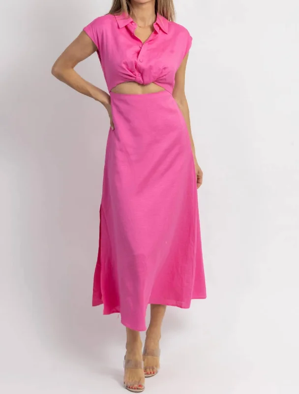 Jacey Button Down Midi Dress In Pink Cozy Knit Midi Dress