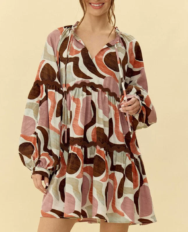 Tiered Abstract Print Mini Dress Comfortable Casual Mini Dress