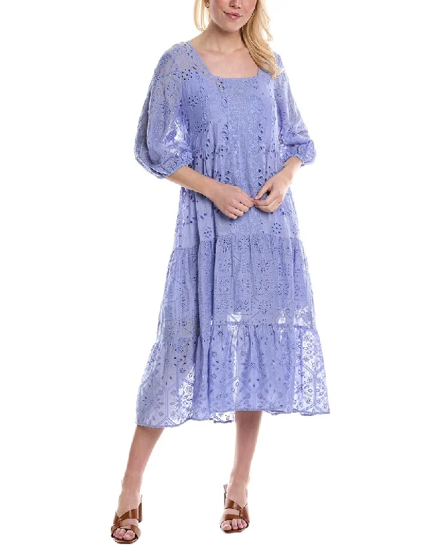 Johnny Was Castillo Eyelet Silk-Blend Midi Dress Trendy Smocked Detail Midi Dress