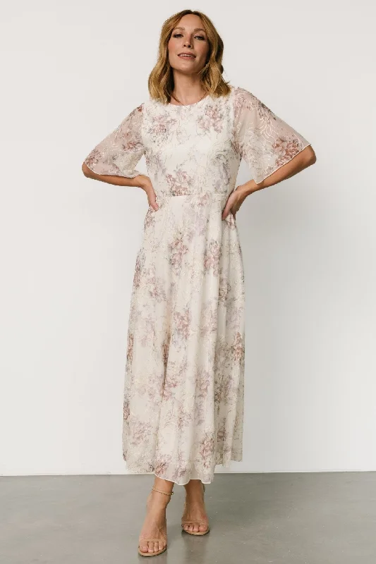 Kathreen Midi Dress | Ivory Floral Cozy Midi Dress with Pockets