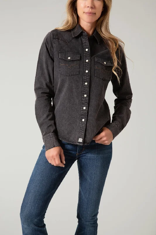 Kimes Ranch Womens Kaycee Denim Black Denim 100% Cotton L/S Shirt Stylish Round Neck Shirt